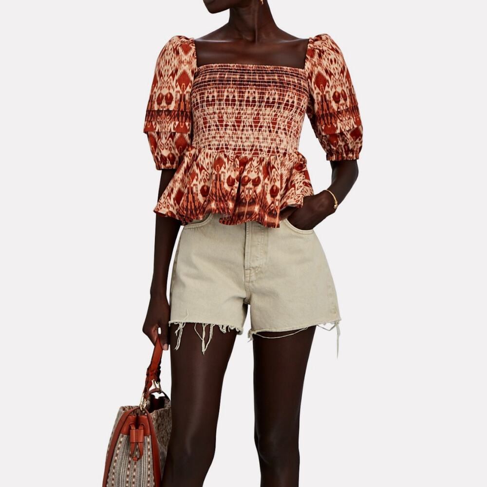 Autumn Adeigbo Ikat Print Smocked Puff Sleeve Cropped Peplum Top 4 S NWT